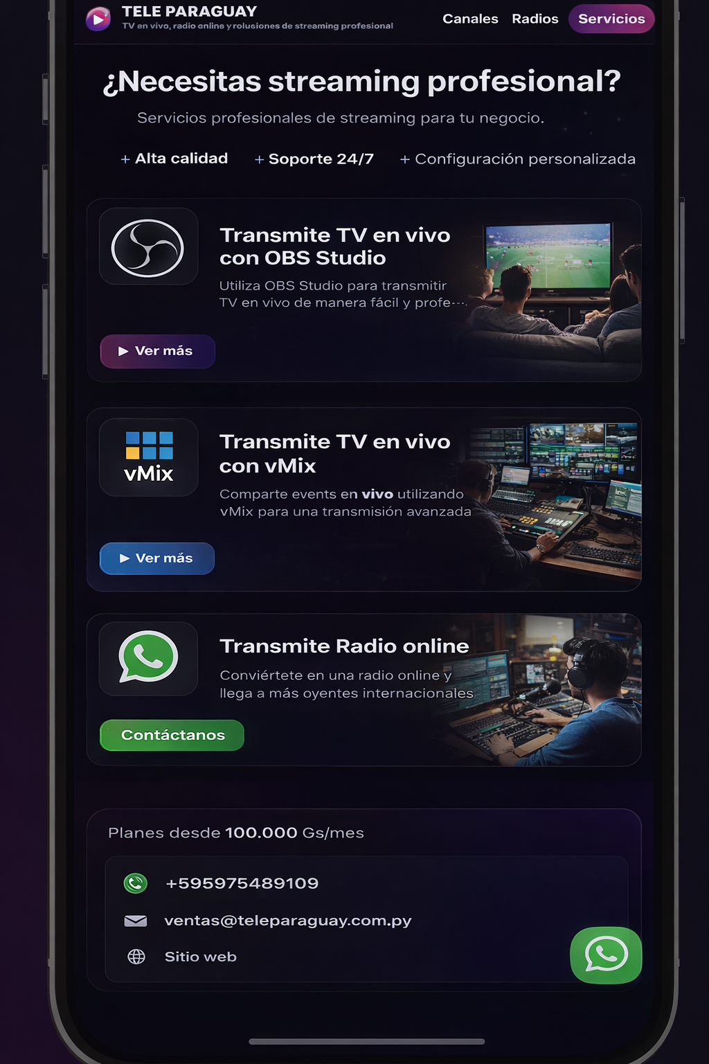 Vista móvil del servicio